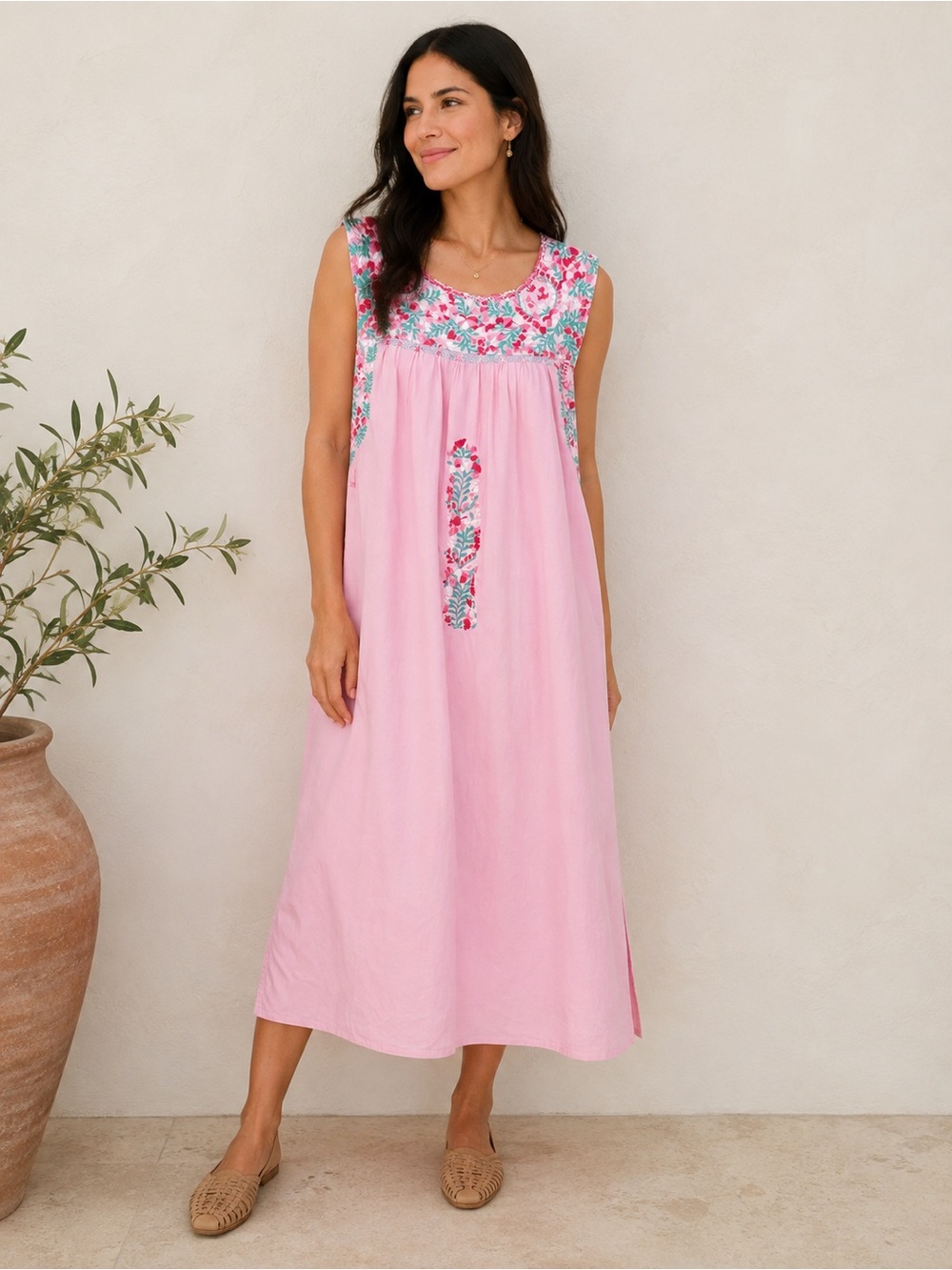 Mi Golondrina Mexico Pink Floral Embroidery Sleeveless Midi Dress Size XS